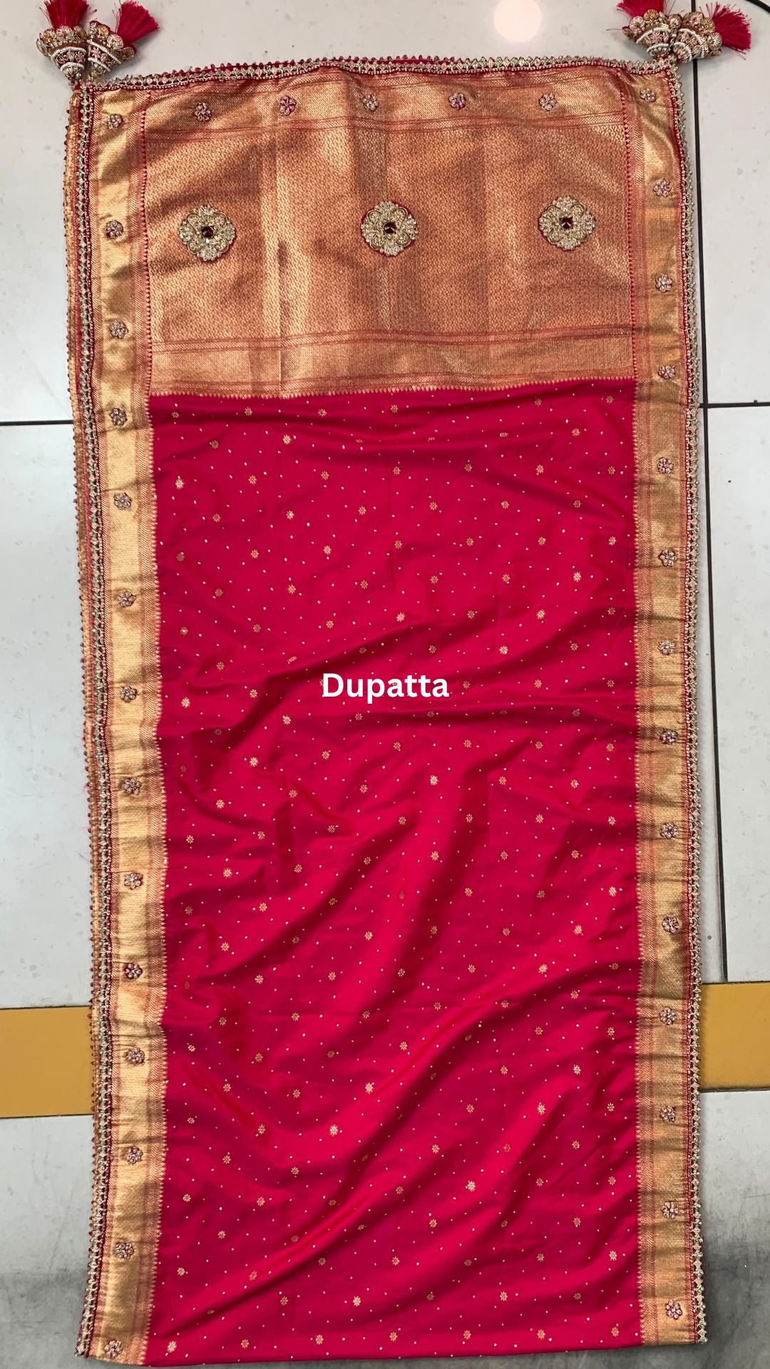 Rani Banarasi Silk Unstitched Saree with Dupatta Embellished with Thread & Stone Work